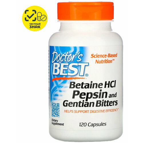 Doctor's Best, Betaine HCL Pepsin and Gentian Bitters, настойка из бетаин гидрохлорида, пепсина и горечавки, 650 мг, 120 капсул купить за 2390 руб, фото