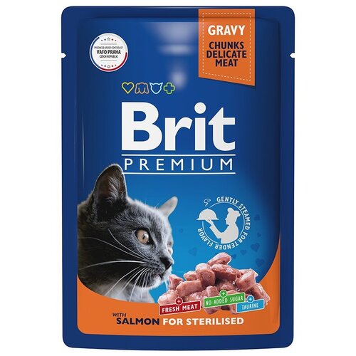 Влажный корм для стерилизованных кошек Brit Premium с лососем 12 шт. х 85 г (кусочки в соусе) купить за 1550 руб, фото