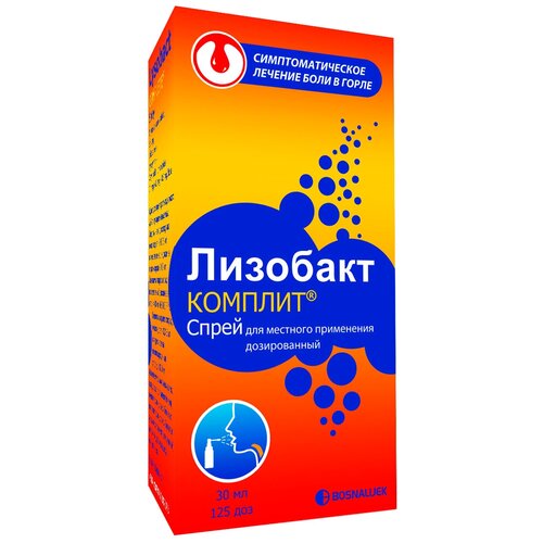 Лизобакт Комплит спрей д/мест. прим., 0.1 мг+4.0 мг+0.3 мг/доза, 30 мл купить за 414 руб, фото