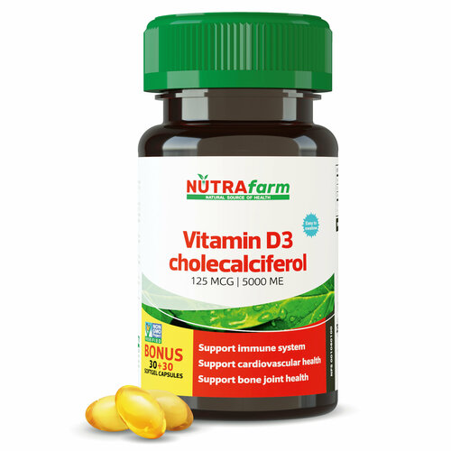 Витамин Д Д3 5000 ME 125 мкг 60 капсул NUTRAFARM Vitamin D D3 фотография