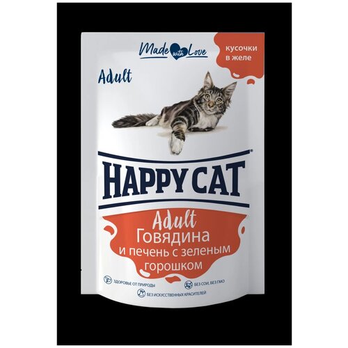 Влажный корм для кошек Happy Cat с говядиной, с печенью, с горошком 24 шт. х 100 г (кусочки в желе) фотография