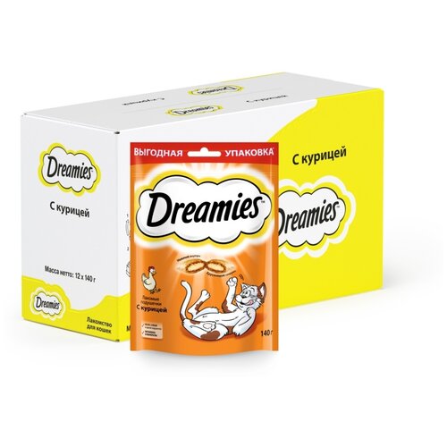 Лакомство для кошек Dreamies подушечки с курицей, 12 шт по 140 г купить за 2160 руб, фото