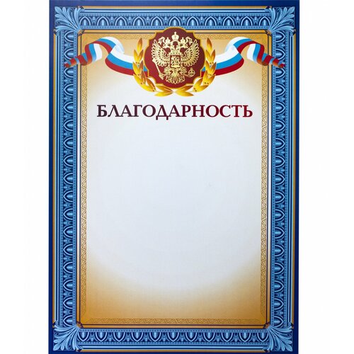 Благодарность A4 230 г/кв. м 10 штук в упаковке (синяя рамка, герб, триколор) фотография