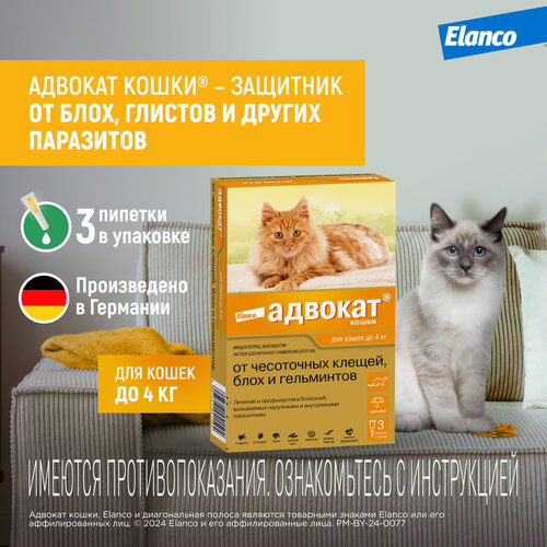 Адвокат кошки (Elanco) - капли на холку от чесоточных клещей, блох и гельминтов для кошек и хорьков до 4 кг –  3 пипетки фотография