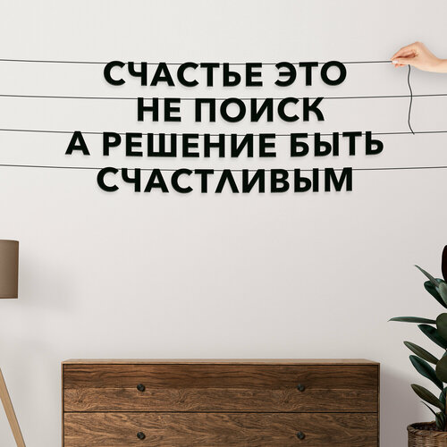 Надпись на стену, Цитата Ральф Уолдо Эмерсон - “Счастье — это не поиск, а решение быть счастливым“, черная текстовая растяжка. купить за 648 руб, фото