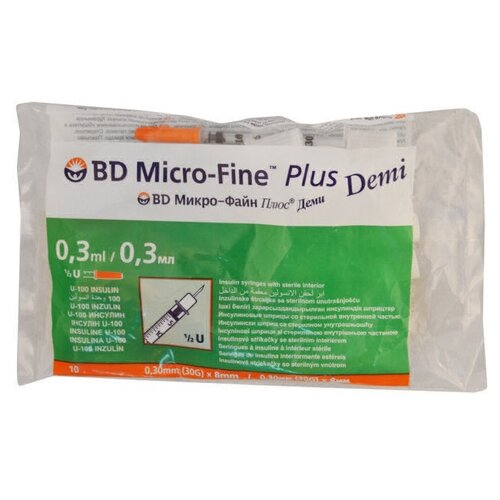 Шприц инсулиновый BD Micro-Fine Plus Demi U-100 трехкомпонентный, 8 мм x 0.3 мм, размер: 30G, 0.3 мл, 10 шт. фотография