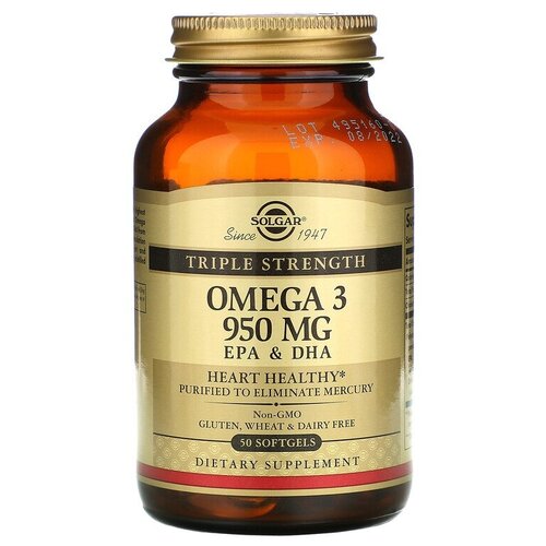 Solgar, Omega-3, EPA & DHA, Triple Strength, 950 mg, омега-3, ЭПК и ДГК, тройной концентрации, 950 мг, 50 капсул купить за 2342 руб, фото