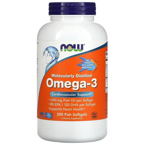 Капсулы NOW Moleculary Distilled Omega-3, 400 г, 200 шт. купить за 2399 руб, фото