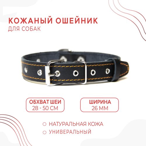 Кожаный ошейник (обхват шеи 28-50 см.) для собак / Чёрный цвет купить за 472 руб, фото