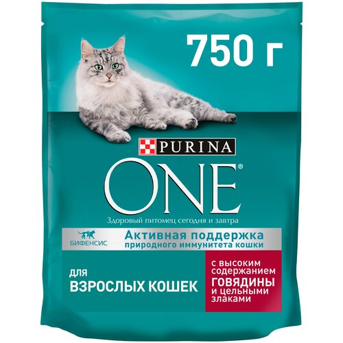 Сухой корм для кошек Purina ONE с высоким содержанием говядины и цельными злаками 4 шт. х 750 г (кусочки в соусе) фотография