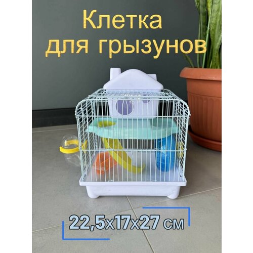 Клетка для грызунов 22.5х17х27 см, два входа ручка, поилка кормушка, колесо горка домик, белый фотография