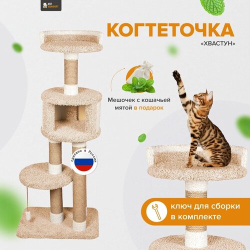 Комплекс для кошек с домиком и игрушкой, когтеточка с лежанкой высокая 