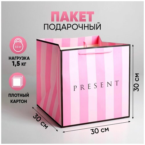 Пакет подарочный квадратный «Present» розовый, большой, 30 × 30 × 30 см фотография