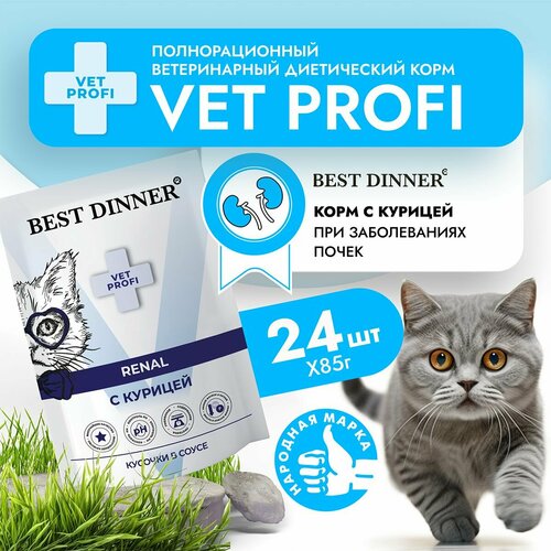 Влажный корм для кошек Best Dinner VET PROFI Renal кусочки в соусе Курица, 85 г х 24 шт для профилактики заболеваний почек, пауч (Бест Диннер) фотография