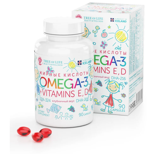 Tree of Life Omega-3 + Vitamins E, D для детей капс., 120 г, 90 шт., клубника фотография