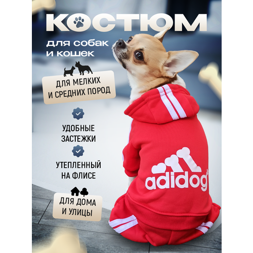 Комбинезон Adidog для собак и кошек, демисезонный, размер XS, красный, унисекс, с капюшоном купить за 590 руб, фото