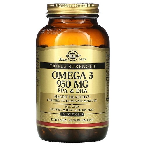 Solgar, Omega 3, EPA & DHA, Triple Strength, 950 mg, омега-3, ЭПК и ДГК, тройной концентрации, 950 мг, 100 капсул фотография