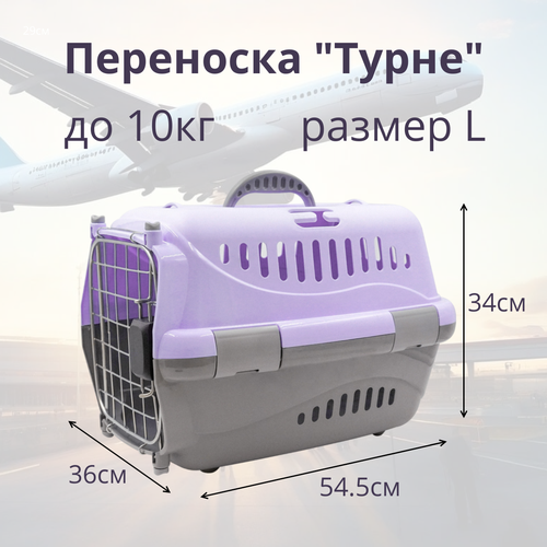 Переноска для животных Zooexpress Турне L авиа с металлической дверцей (коврик + ремень) фиолетовая, 54.5 х 36 х 34см фотография