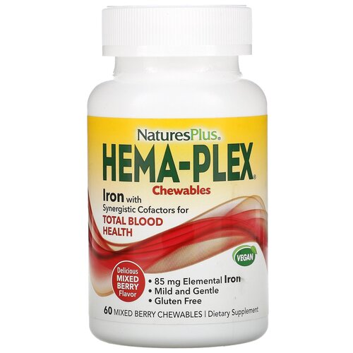 Пастилки Natures Plus Hema-Plex жевательные (вкус ягодное ассорти), 150 г, 60 шт. фотография