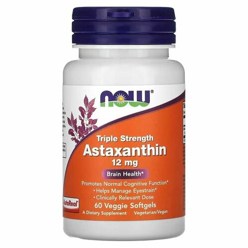 Астаксантин, Astaxanthin, NOW, 12 мг, 60 веганских капсул фотография