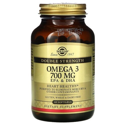 Solgar, Omega-3, EPA & DHA, Double Strength, 700 mg, 60 Softgels фотография