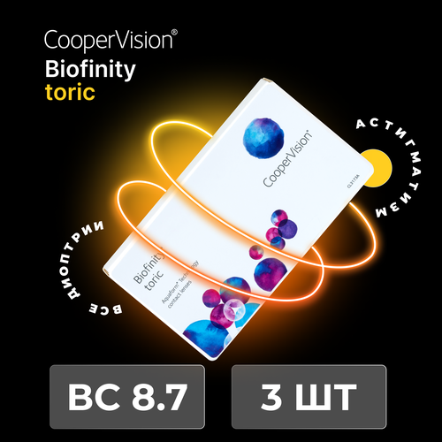 Контактные линзы CooperVision Biofinity Toric., 3 шт., R 8,7, D -6, CYL: -2,25, AХ: 30, бесцветный, 1 уп. купить за 2740 руб, фото