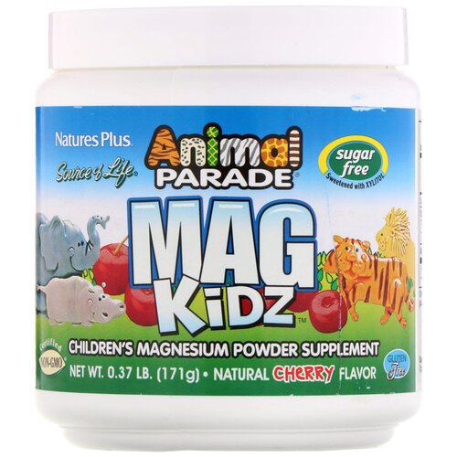 NaturesPlus Animal Parade Mag Kidz 171г (вишня) Магний порошок без сахара для детей, здоровье костей и зубов, укрепление иммунитета фотография