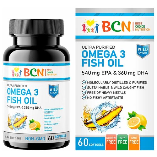 BCN Omega-3 Fish Oil 1500мг EPA & 1200мг DHA капс, 60 шт. с лимоном, рыбий жир купить за 641 руб, фото