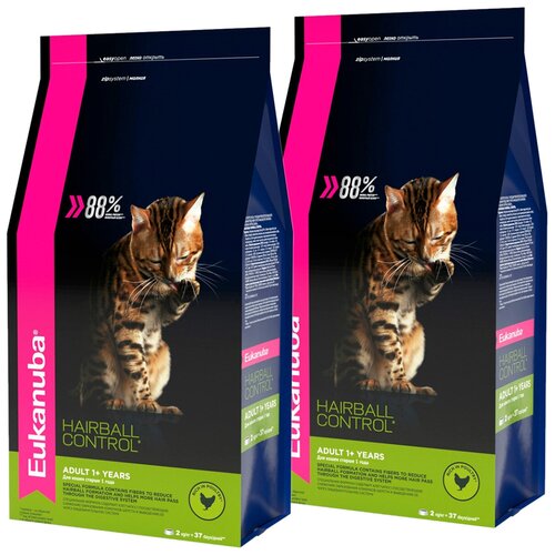 EUKANUBA ADULT HAIRBALL CONTROL/INDOOR для взрослых кошек для вывода шерсти с птицей (2 + 2 кг) фотография