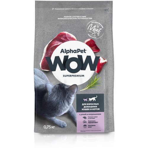 AlphaPet WOW Superpremium Сухой полнорационный корм c уткой и потрошками для взрослых домашних кошек и котов фотография