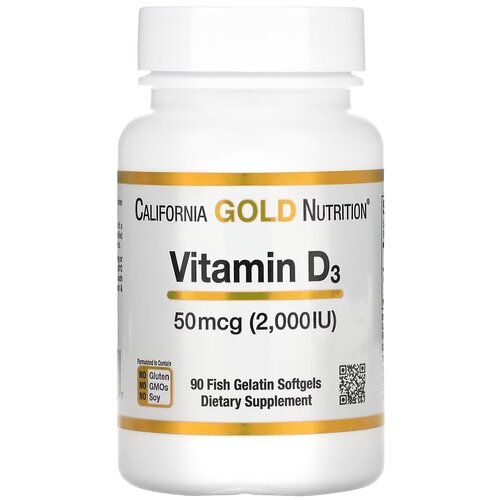 Витамин Д3 (Vitamin D3 California Gold Nutrition), 50 мкг (2000 МЕ), 90 капсул фотография