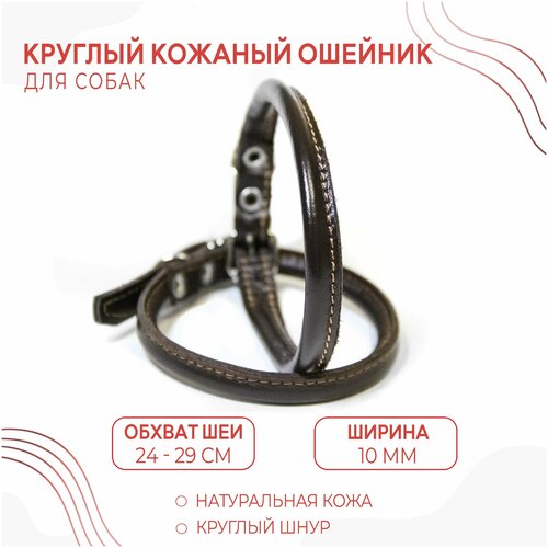 Круглый кожаный ошейник (обхват шеи 24-29 см.) для маленьких пород собак с пушистой шерстью / Коричневый купить за 900 руб, фото